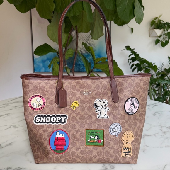 Coach Handbags - NWOT Coach X Peanuts City Tote In Signature Canvas With Patches CBJ91 Tan/Brown